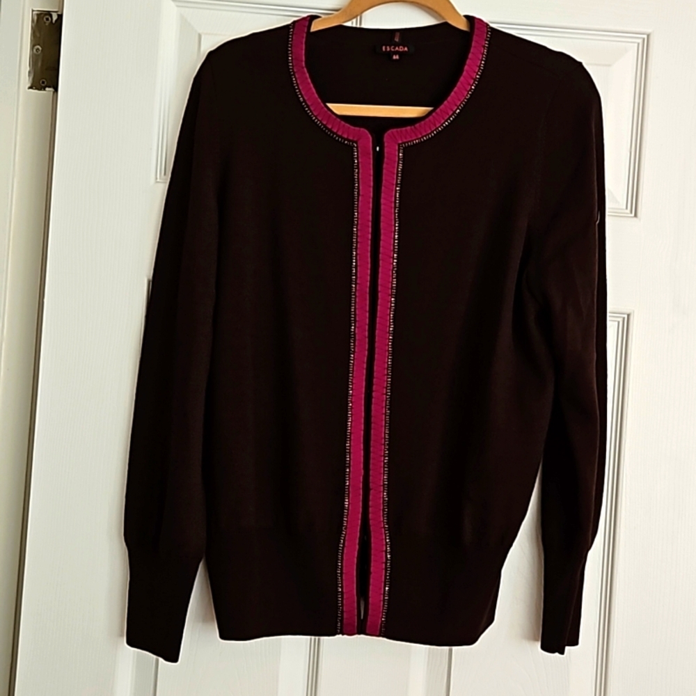 Escada brown + pink cardigan with brown beaded trim EU 44, US 8-10. EUC